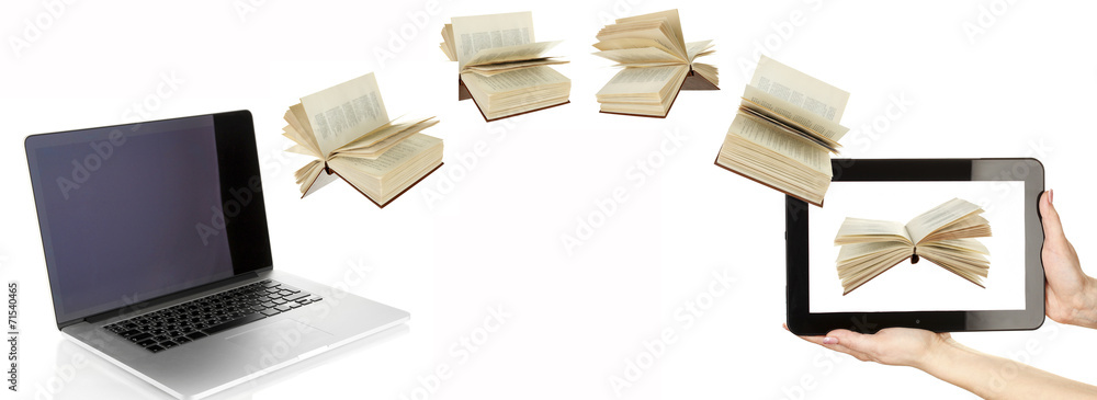 Sticker Information transfer. Books flying in tablet from laptop