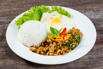 Rice topped with stir fried minced pork and basil