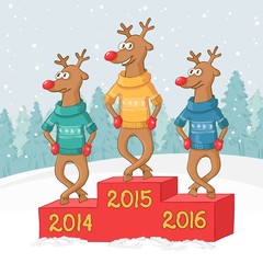 three deer dance. Postcard Merry Christmas.