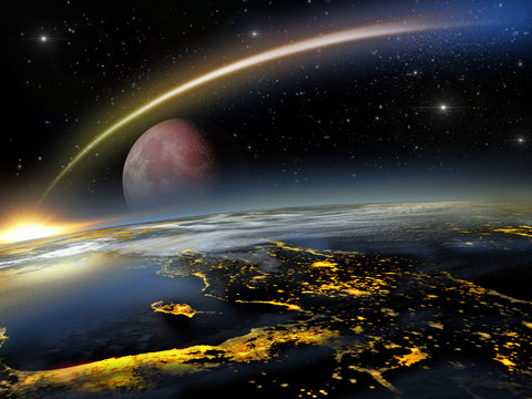 Asteroid hitting Earth with a rising red moon