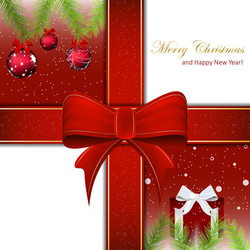 Christmas background with red ribbon and decoration
