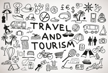 Travel and tourism hand drawn icons and doodles