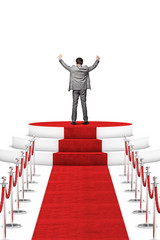 victorious businessman red carpet stairs podium. concept success, aspiration goal