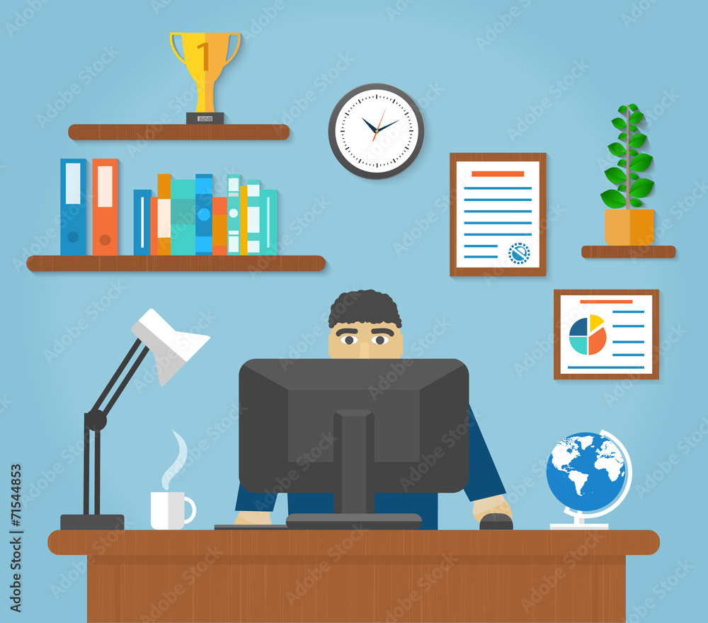 Poster man sitting on chair at table front of computer monitor