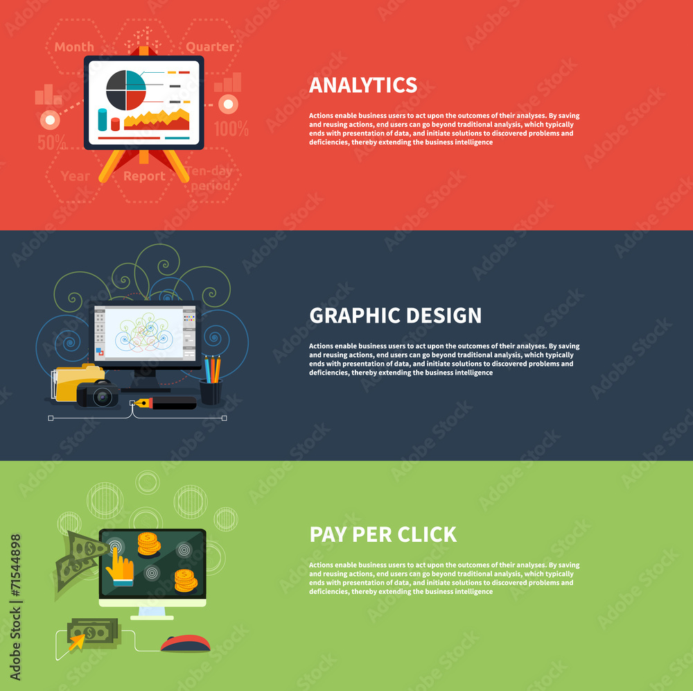 Poster icons for web design analytics graphic design and pay per click