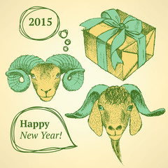 Sketch New Year ram and present in vintage style