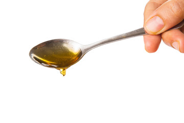 Female hand holding a spoon of honey over white background