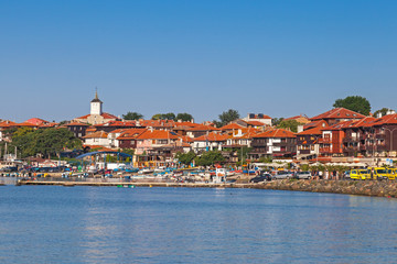 Obraz premium Panoramic view of ancient town on the coast. Nessebar, Bulgaria