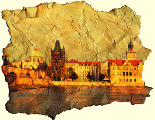 Vintage style panorama of old Prague, Czech Republic