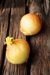 Fresh Onions on Vintage Wood