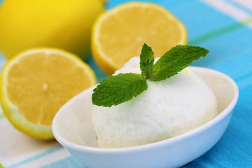 Lemon sorbet garnished with mint leaf