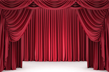 Open red theater curtain, lit by a spotlight