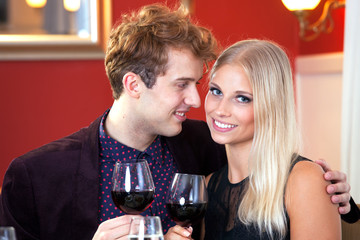 Smiling Romantic Couple Having Wine,Close up.
