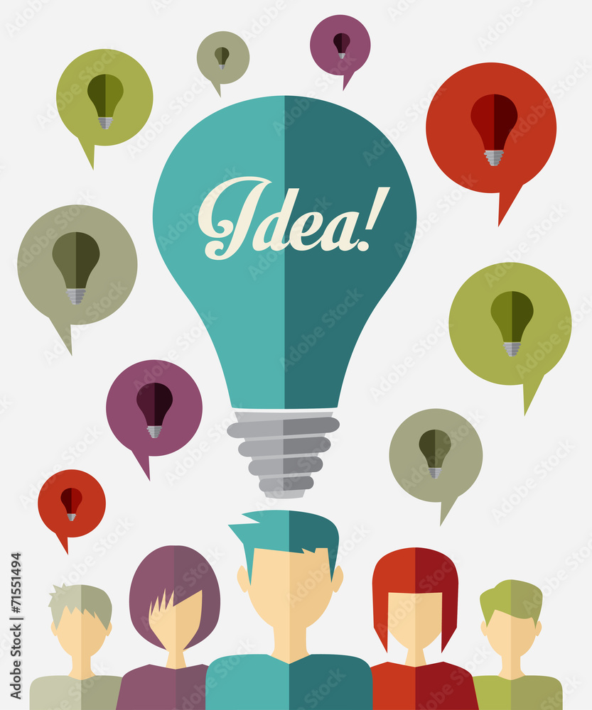 Poster people icons with dialog idea and bulb speech bubbles