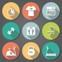 Fitness flat icons with long shadow