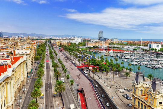 Panorama on Barcelona Seaport  from Columbus monument.Barcelona.