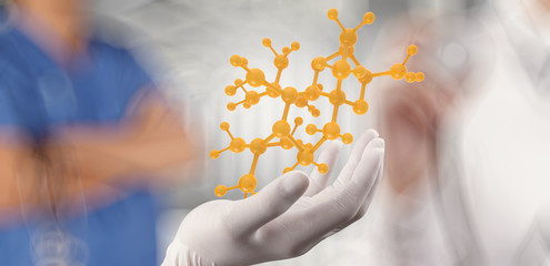 scientist doctor hand holds virtual molecular structure in the l