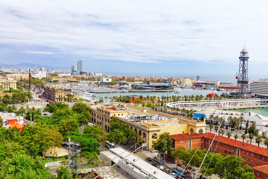 Panorama on Barcelona Seaport from Montjuïc castle.Catalonia.Sp