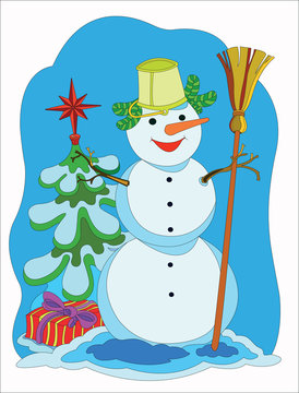 Снеговик у рождественской елки с подарком. Сезонная рождественская зимняя икона векторная иллюстрация.