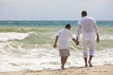 African American Father Son Family on Beach