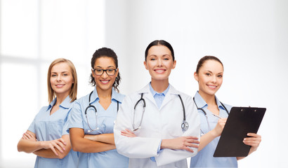 team or group of female doctors and nurses