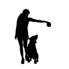 Vector silhouette of a woman and dog.