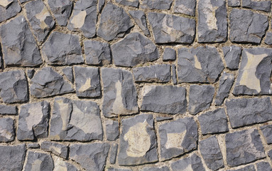Wall of black volcanic rocks closeup