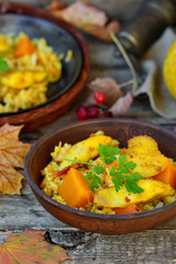 rice curry with fried fish and pumpkin
