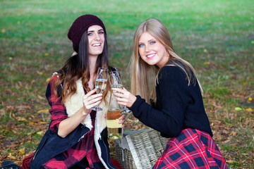 Young ladies having picnic in a park.