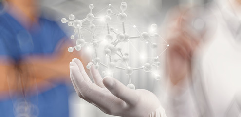 scientist doctor hand holds virtual molecular structure in the l