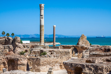 Ancient ruins at Carthage, Tunisia with the Mediterranean Sea in - obrazy, fototapety, plakaty