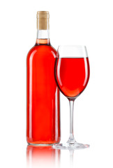 Glass and bottle of rose wine isolated on white
