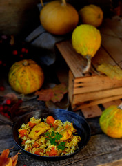 rice curry with fried fish and pumpkin