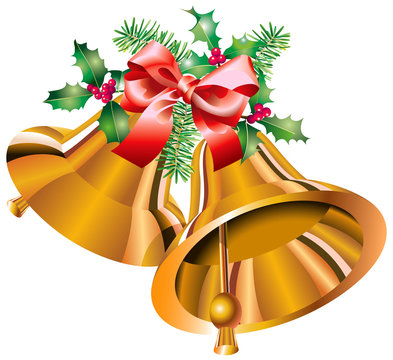 Clochettes de No&euml;l dor&eacute;es, houx, sapin, n&oelig;ud de satin rouge