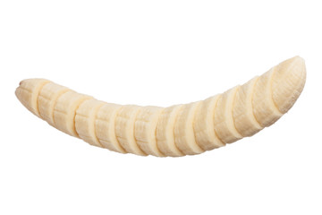 Peeled sliced whole banana isolated on white background