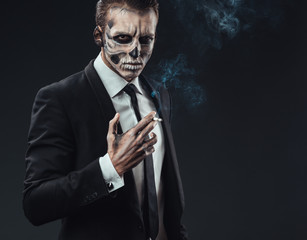 portrait businessman smoking  makeup skeleton