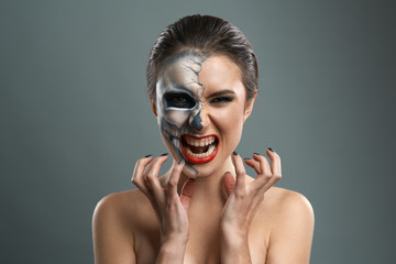beautiful woman with makeup skeleton evil