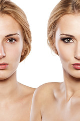 comparison portrait of a woman with and without makeup