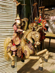 Display of traditional puppets at the street market, Mingun, Man