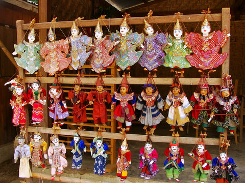 Display of traditional puppets at the street market, Mingun, Man
