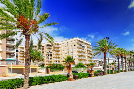 Seafront, beach,coast in Spain. Suburb of Barcelona, Catalonia