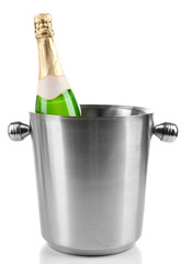 Bottle of champagne in bucket, isolated on white