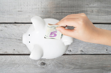 Asian boy hand inserting a five dollars bank note into white pig