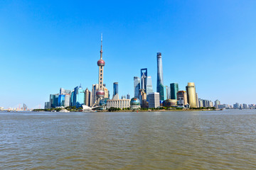 view of Shanghai skyline under the blue sky