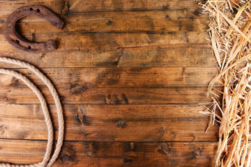 American West still life with old horseshoe and cowboy lasso - obrazy, fototapety, plakaty