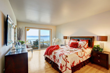 Romantic master bedroom interior with walkout deck