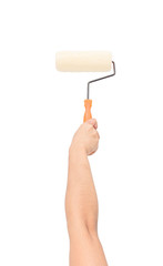 holding a paint roller isolated on a white background