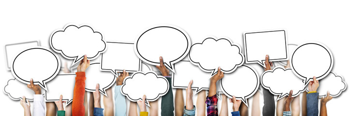 Group of Hands Holding Speech Bubbles - obrazy, fototapety, plakaty