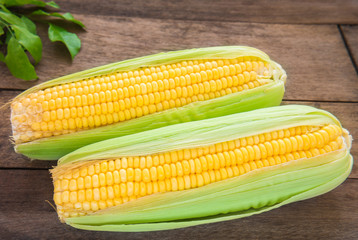 Fresh sweet corn on wooden table
