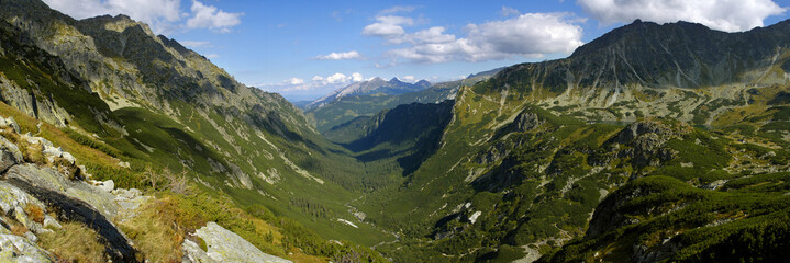 Naklejka na ściany i meble Panorama of valley Roztoki in Tatra Mountains.